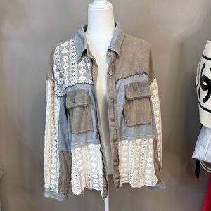 POL Gray and Cream Lace Jean Jacket